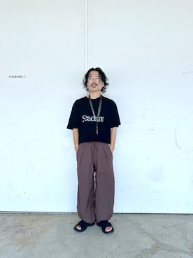 「アイテム（スウェットパンツ、ブラウン系）」を使った、KAZUMASAさん（メンズ・163cm）の夏コーディネート