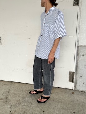 「ノーカラーシャツ」｜「アイテム（サンダル）」を使った、KAZUMASAさん（メンズ・163cm）の夏コーディネート