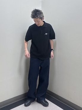 「XLARGE（エクストララージ）のMESH KNIT POLO SHIRT（ポロシャツ、ブラック系）」を使った、永田　京平さん（メンズ・176cm）の春コーディネート