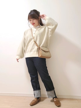 「しまむら（シマムラ）のアイテム（ニット/セーター、グリーン系）」を使った、yonyonyon4888さん（レディース・156cm）の秋コーディネート