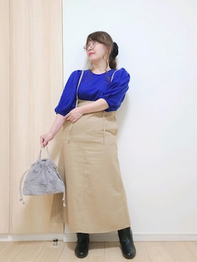 「NOISE MAKER（ノイズメーカー）のウォッシャブルパフスリーブニット|日本製（ニット/セーター、ブルー系）」を使った、yonyonyon4888さん（レディース・156cm）の秋コーディネート