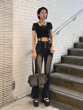 「EMODA（エモダ）のサイドオープンレースアップハイウエストパギンス（デニムパンツ、ブルー系）」を使った、大谷亜宥茄 (EMODA)さん（レディース・170cm）の夏コーディネート