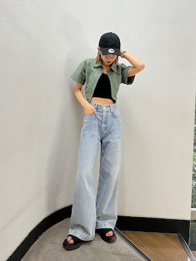 「EMODA（エモダ）のサイドオープンクロップドシャツ（シャツ/ブラウス）」を使った、大谷亜宥茄 (EMODA)さん（レディース・170cm）の夏コーディネート