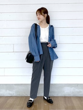 「GLOBAL WORK（グローバルワーク）のUVカットデニムフードシャツ/1051176（シャツ/ブラウス、ブルー系）」を使った、ひらりぃ❀さん（レディース・152cm）の夏コーディネート