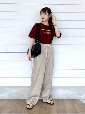 「GLOBAL WORK（グローバルワーク）のリッチクリーンプリントT半袖/636780（Tシャツ/カットソー、レッド系）」を使った、ひらりぃ❀さん（レディース・152cm）の夏コーディネート