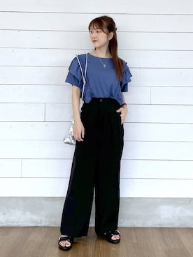 「GLOBAL WORK（グローバルワーク）のノンストレスリッチワイドパンツ/632962（その他パンツ、ブラック系）」を使った、ひらりぃ❀さん（レディース・152cm）の夏コーディネート