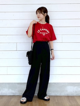 「GLOBAL WORK（グローバルワーク）のウツクシDRYワイドストレートパンツ/636547（その他パンツ、ブラック系）」を使った、ひらりぃ❀さん（レディース・152cm）の春コーディネート