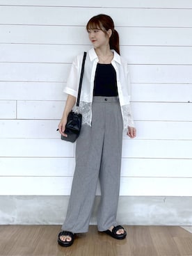 「GLOBAL WORK（グローバルワーク）のスッキリイージーパンツ/629832（その他パンツ、グレー系）」を使った、ひらりぃ❀さん（レディース・152cm）の夏コーディネート