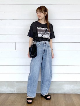 「GLOBAL WORK（グローバルワーク）のGOODデニムバレルパンツ/600980（デニムパンツ、ブルー系）」を使った、ひらりぃ❀さん（レディース・152cm）の夏コーディネート