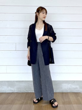 「GLOBAL WORK（グローバルワーク）のスッキリイージーパンツ/629832（その他パンツ、グレー系）」を使った、ひらりぃ❀さん（レディース・152cm）の夏コーディネート