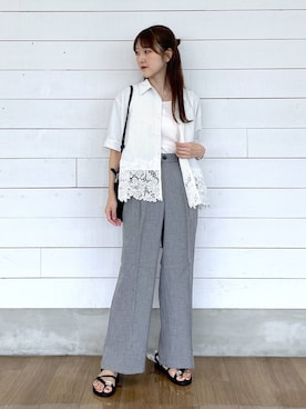 「GLOBAL WORK（グローバルワーク）のスッキリイージーパンツ/629832（その他パンツ、グレー系）」を使った、ひらりぃ❀さん（レディース・152cm）の夏コーディネート