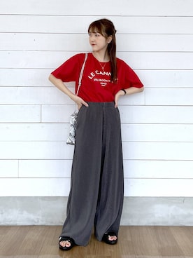 「GLOBAL WORK（グローバルワーク）のリッチクリーンプリントT半袖/636780（Tシャツ/カットソー、レッド系）」を使った、ひらりぃ❀さん（レディース・152cm）の夏コーディネート
