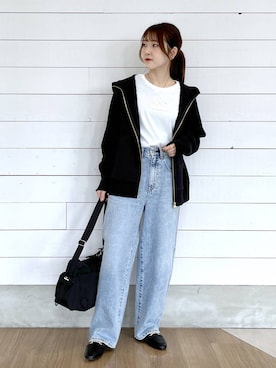 「GLOBAL WORK（グローバルワーク）のGOODデニムバギーパンツ/498388（デニムパンツ）」を使った、ひらりぃ❀さん（レディース・152cm）の秋コーディネート