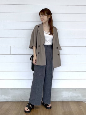 「GLOBAL WORK（グローバルワーク）のスッキリイージーパンツ/629832（その他パンツ、グレー系）」を使った、ひらりぃ❀さん（レディース・152cm）の夏コーディネート