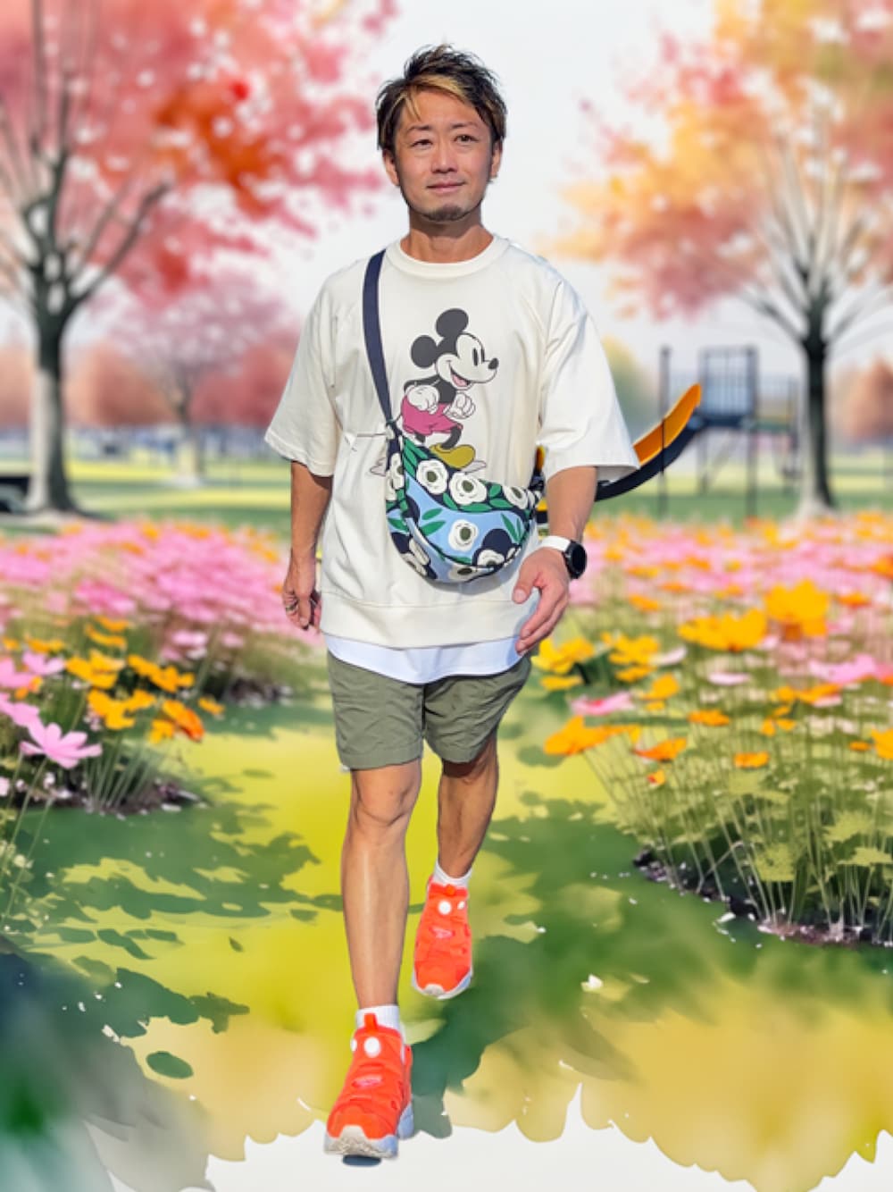 ホワイト系のスウェット、ホワイト系のTシャツ/カットソー、グリーン系のその他パンツを着用したメンズの秋コーディネートの1枚目の写真