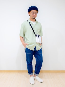 「BEAMS（ビームス）のアイテム（ハンチング/ベレー帽）」を使った、カトウトモタカさん（メンズ・164cm）の夏コーディネート