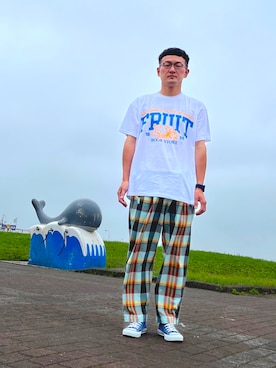 「H&M（エイチ・アンド・エム）のアイテム（パンツ）」を使った、ロバート馬場裕之さん（メンズ・181cm）の夏コーディネート