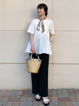「OPAQUE.CLIP（オペークドットクリップ）の◆ペプラムドッキングカットソー【洗濯機洗い可】（Tシャツ/カットソー）」を使った、haruさん（レディース・156cm）の春コーディネート