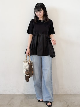 「OPAQUE.CLIP（オペークドットクリップ）のペプラムドッキングカットソー【洗濯機OK】（Tシャツ/カットソー、ブラック系）」を使った、haruさん（レディース・156cm）の夏コーディネート