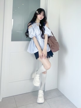 「ストライプシャツ」｜「アイテム（ブルー系）」を使った、poyoさん（レディース・161cm）の夏コーディネート