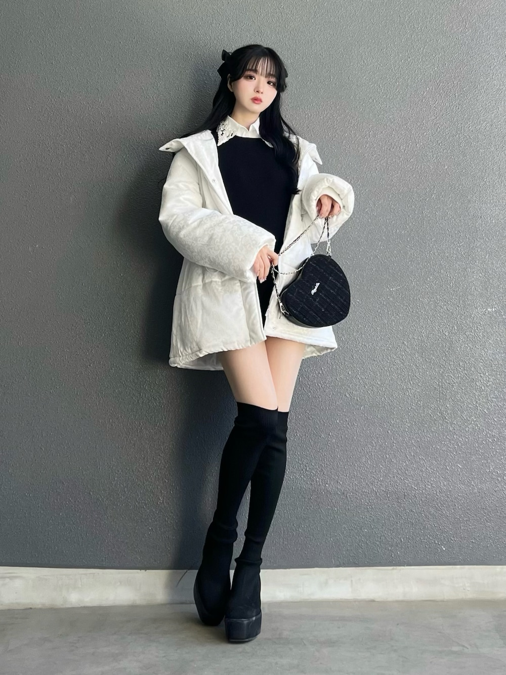 Lovilyn ジャガードミドル丈エコダウンジャケット ブラック ジャガード生地ミドル丈エコダウンジャケット White / Black Free size