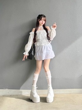 「Angelart（エンジェルアート）の【我慢しない＋11cmソール】軽量 超厚底 プラットフォーム レースアップ ショートブーツ 5903WBAG（ブーツ、ホワイト系）」を使った、poyoさん（レディース・161cm）の夏コーディネート
