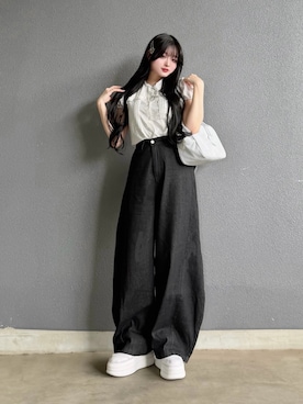 「Lovilyn（ラヴィリン）のキラキラ厚底スニーカー（スニーカー、ホワイト系）」を使った、poyoさん（レディース・161cm）の夏コーディネート
