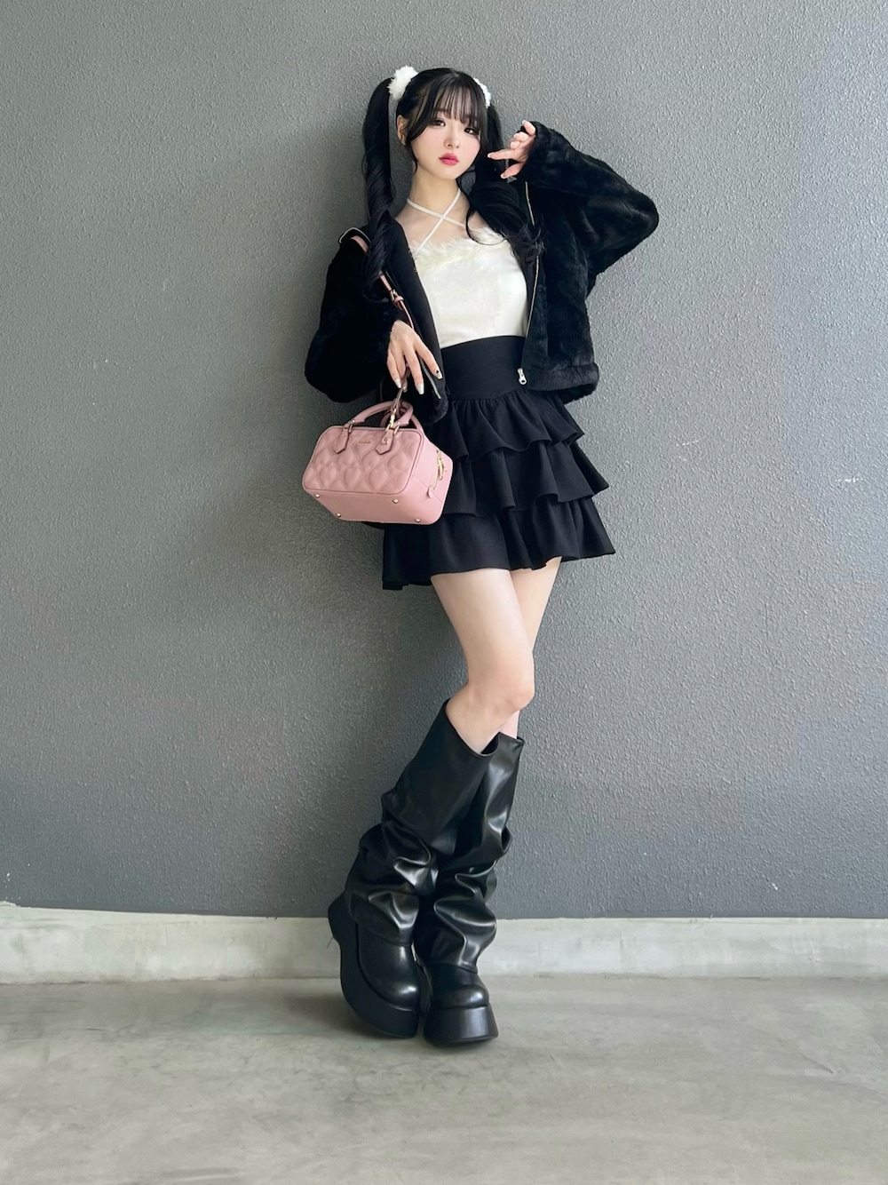 5kg三段フリルミニスカート(パンツ) ブラック S Lovilyn フリルリボン