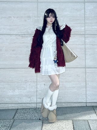 「Lovilyn（ラヴィリン）のマフラー付きシャギーカーディガン（カーディガン/ボレロ）」を使った、poyoさん（レディース・161cm）の秋コーディネート