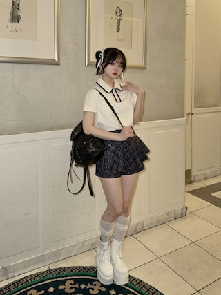 「Lovilyn(ラヴィリン)の-5kgチェックフリルスカパン(その他パンツ)」を使った、poyoさん(レディース・161cm)の秋コーディネート