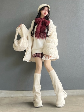 「アイテム（帽子）」を使った、poyoさん（レディース・161cm）の冬コーディネート