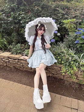 「Angelart（エンジェルアート）の【我慢しない＋11cmソール】軽量 超厚底 プラットフォーム レースアップ ショートブーツ 5903WBAG（ブーツ、ホワイト系）」を使った、poyoさん（レディース・161cm）の夏コーディネート