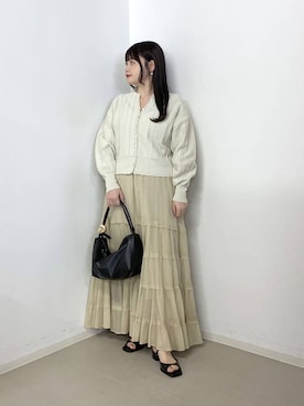「A part by（アパートバイ）のアイレットアミショートカーディガン（カーディガン/ボレロ、ホワイト系）」を使った、かほちさん（レディース・149cm）の春コーディネート