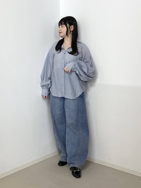 「A part by（アパートバイ）のApbコクーンデニムパンツ≪追加3≫（デニムパンツ、ブルー系）」を使った、かほちさん（レディース・149cm）の春コーディネート