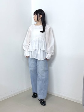 「A part by（アパートバイ）のApbカーブデニムパンツ（デニムパンツ、ブルー系）」を使った、かほちさん（レディース・149cm）の春コーディネート