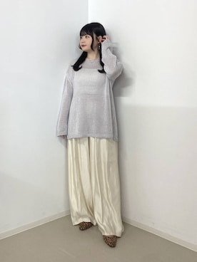 「A part by（アパートバイ）の【高身長向けサイズ展開あり】サテンバルーンイージーパンツ（その他パンツ、ホワイト系）」を使った、かほちさん（レディース・149cm）の春コーディネート