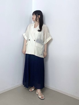 「A part by（アパートバイ）のアセテートリネン半袖ジャケット（テーラードジャケット、ホワイト系）」を使った、かほちさん（レディース・149cm）の春コーディネート