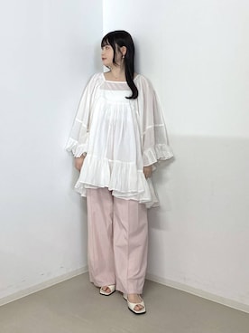 「A part by（アパートバイ）のギャザーフレアチュニックワンピース（チュニック、ホワイト系）」を使った、かほちさん（レディース・149cm）の春コーディネート