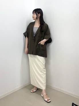 「A part by（アパートバイ）のアセテートリネン半袖ジャケット（テーラードジャケット、ブラウン系）」を使った、かほちさん（レディース・149cm）の夏コーディネート