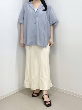 「A part by（アパートバイ）のシアーオープンカラーシャツ（シャツ/ブラウス、ブルー系）」を使った、かほちさん（レディース・149cm）の春コーディネート