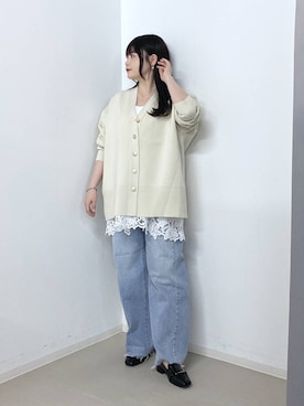 「A part by（アパートバイ）のスポンディッシュVカーディガン（カーディガン/ボレロ、ホワイト系）」を使った、かほちさん（レディース・149cm）の春コーディネート