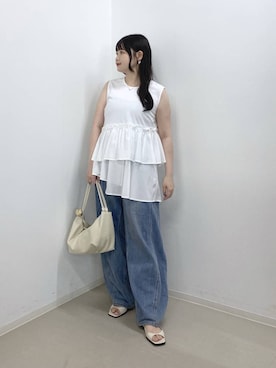 「A part by（アパートバイ）のApbコクーンデニムパンツ≪追加3≫（デニムパンツ、ブルー系）」を使った、かほちさん（レディース・149cm）の夏コーディネート