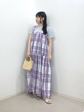 「A part by（アパートバイ）のマドラスチェックキャミワンピース（ワンピース、ホワイト系）」を使った、かほちさん（レディース・149cm）の夏コーディネート