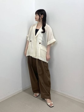 「A part by（アパートバイ）のアセテートリネン半袖ジャケット（テーラードジャケット、ホワイト系）」を使った、かほちさん（レディース・149cm）の夏コーディネート