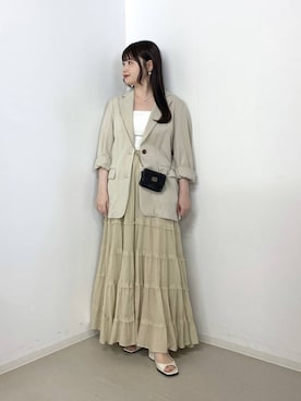 「A part by（アパートバイ）の【多機能・Sサイズ展開】リネンライクシングルジャケット（ノーカラージャケット、ベージュ系）」を使った、かほちさん（レディース・149cm）の春コーディネート