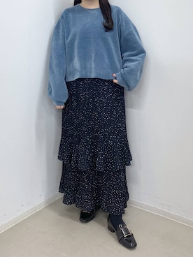 「A part by（アパートバイ）の【もちもちの肌触り】モールプルオーバー_長袖（ニット/セーター、ブルー系）」を使った、かほちさん（レディース・149cm）の秋コーディネート