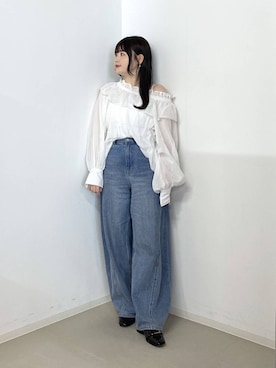 「A part by（アパートバイ）のApbコクーンデニムパンツ≪追加3≫（デニムパンツ、ブルー系）」を使った、かほちさん（レディース・149cm）の春コーディネート