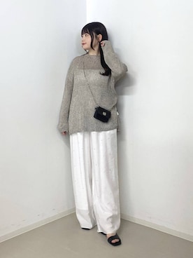 「A part by（アパートバイ）のリネンコンメッシュプルオーバー（ニット/セーター、グレー系）」を使った、かほちさん（レディース・149cm）の春コーディネート