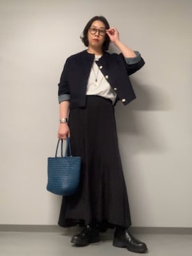 「メガネ女子」｜「アイテム（ノーカラージャケット）」を使った、KINOさん（レディース・162cm）の秋コーディネート