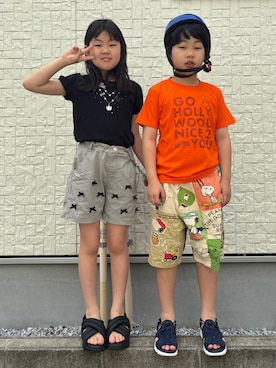 「アイテム（サンダル、ブルー系）」を使った、あかねくん&たっくんさん（キッズ・135cm）の春コーディネート
